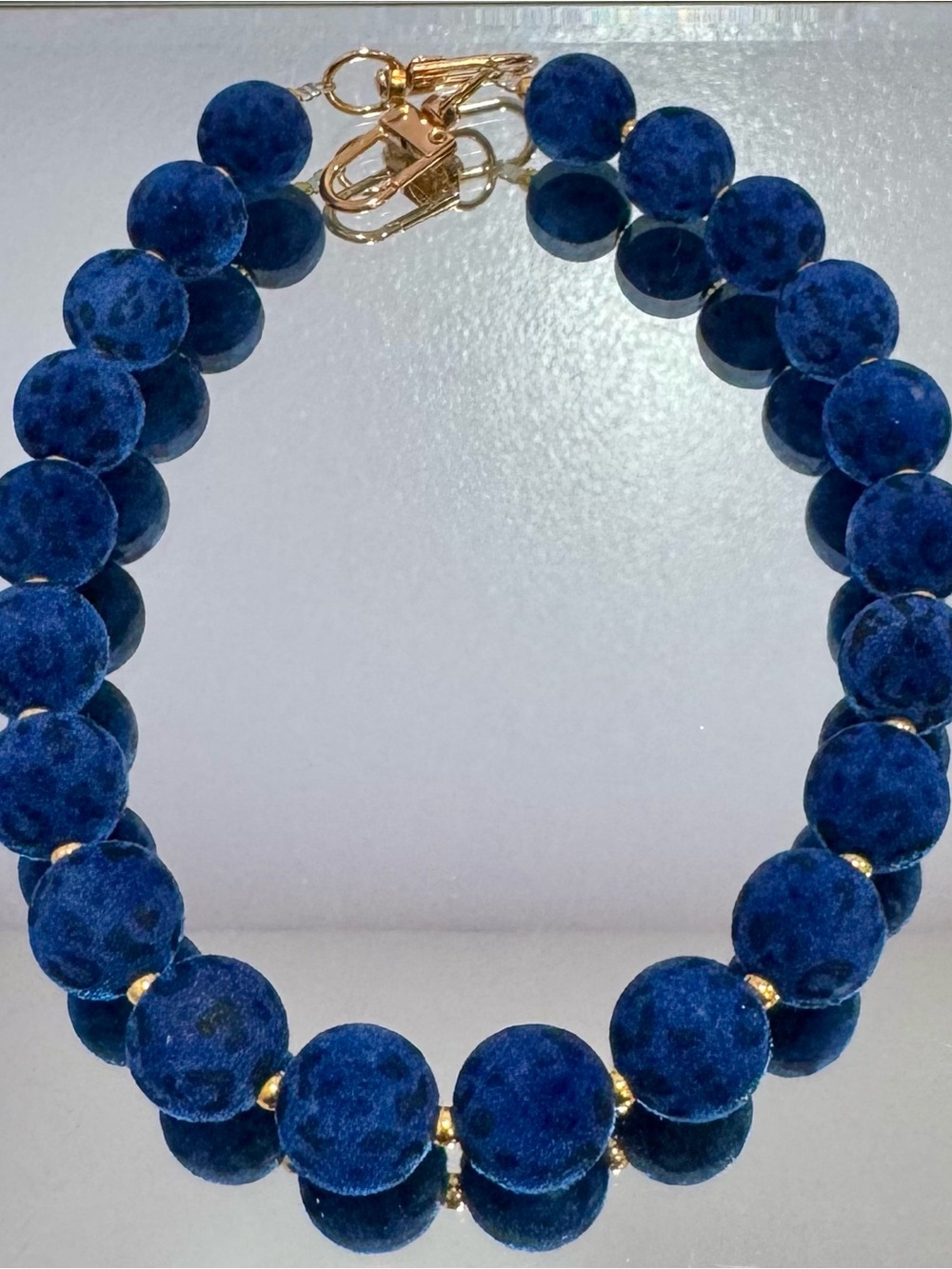 New Navy Velvet Leopard Bead Bag Chain 18 inches with Gold Hardware